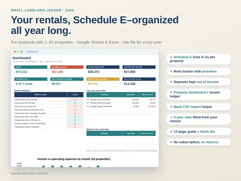 Small Landlord Ledger dashboard and workbook overview with fictional sample data