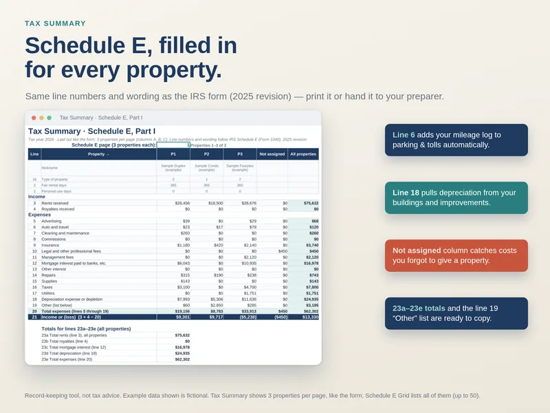 Tax Summary workbook view with fictional Schedule E sample amounts