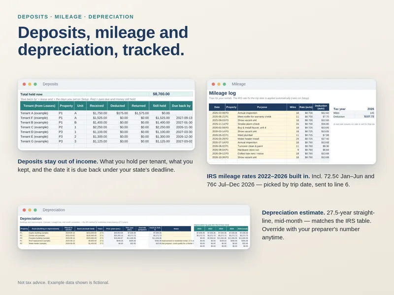 Deposits and Mileage workbook screenshots with fictional sample entries