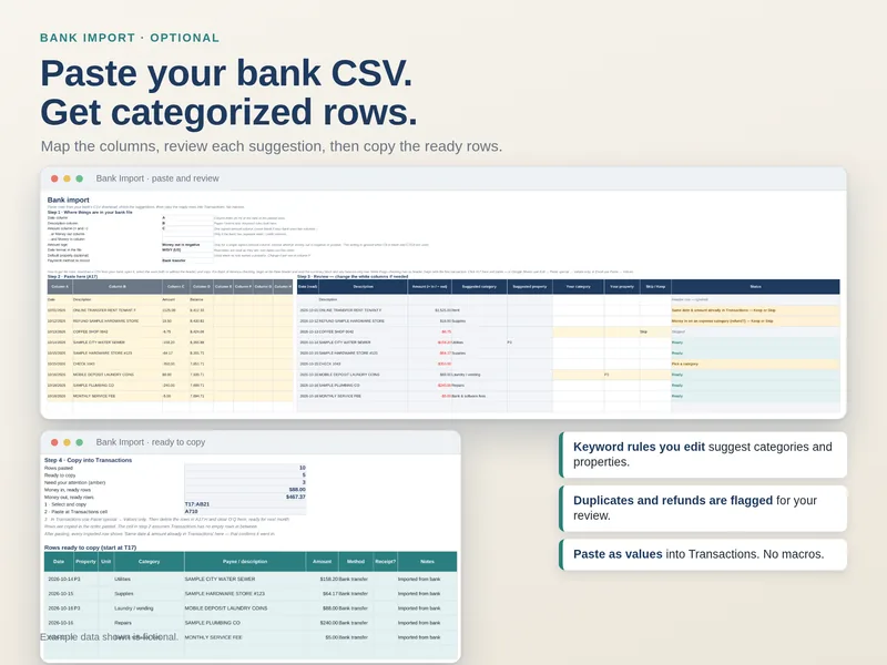 Bank Import mapping and review view with fictional sample CSV rows
